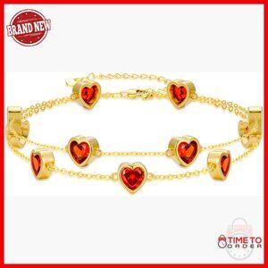 14K Gold Heart Layered Birthstone Bracelet Adjustable Chain Anniversary Gift